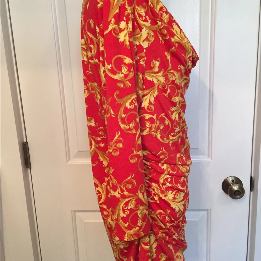 CARMEN MARC VALVO BLOUSE TOP RED GOLD GATHERS STRETCH size XL - Picture 3 of 6